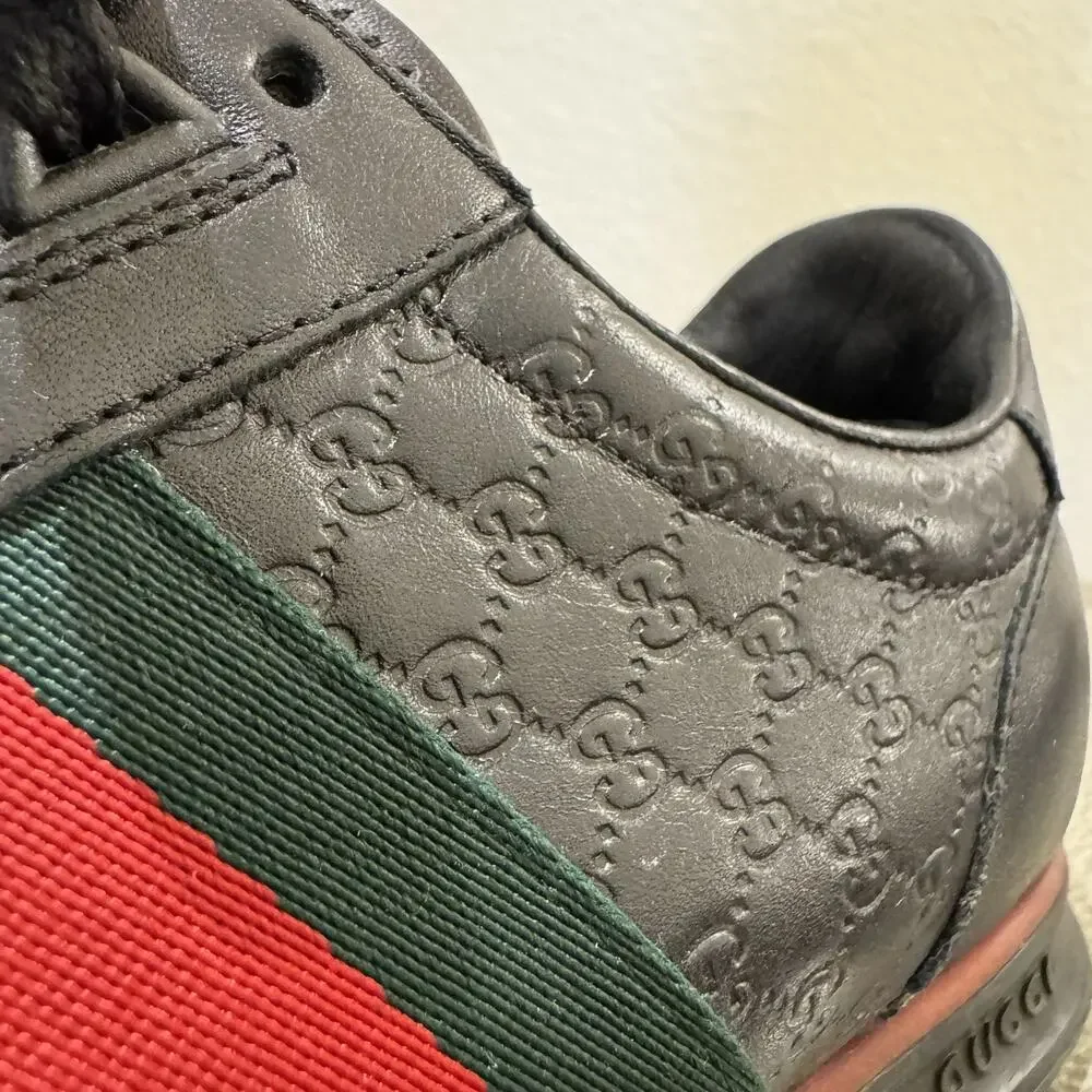 Gucci Shoes Micro Guccissima Black Leather Web Low Top Gucci Sneakers Sz 8 G